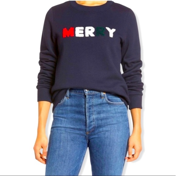 MERRY Holiday Festive Sweatshirt, Navy w/ raised textured multi-colored letters - Picture 2 of 12